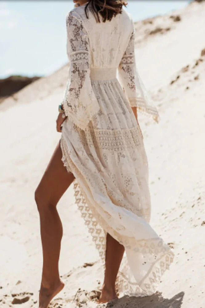 Lace V Neck Hollow Boho Dress - Image 17
