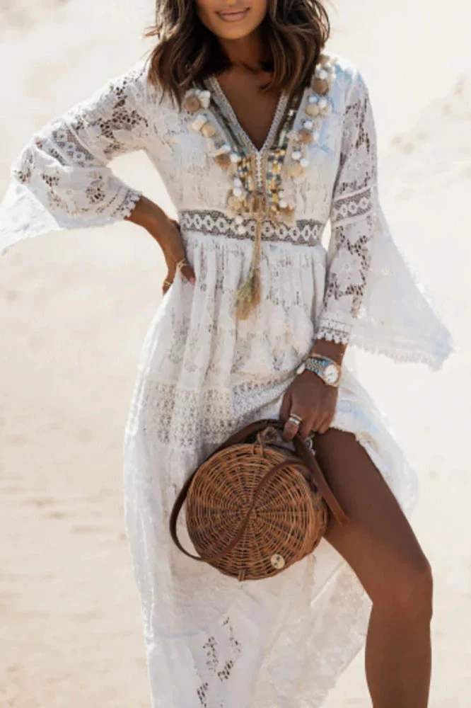 Lace V Neck Hollow Boho Dress - Image 4
