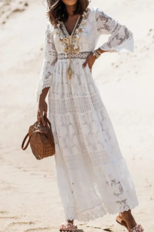 Lace V Neck Hollow Boho Dress - Image 8