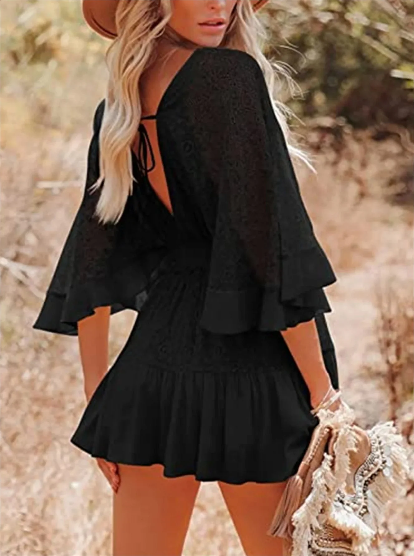 Lace V-Neck Ruffle Mini Boho Dress - Image 17