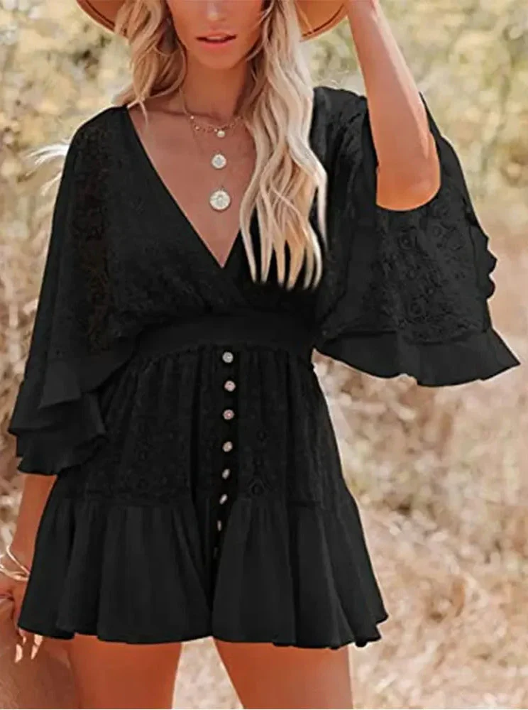 Lace V-Neck Ruffle Mini Boho Dress - Image 19