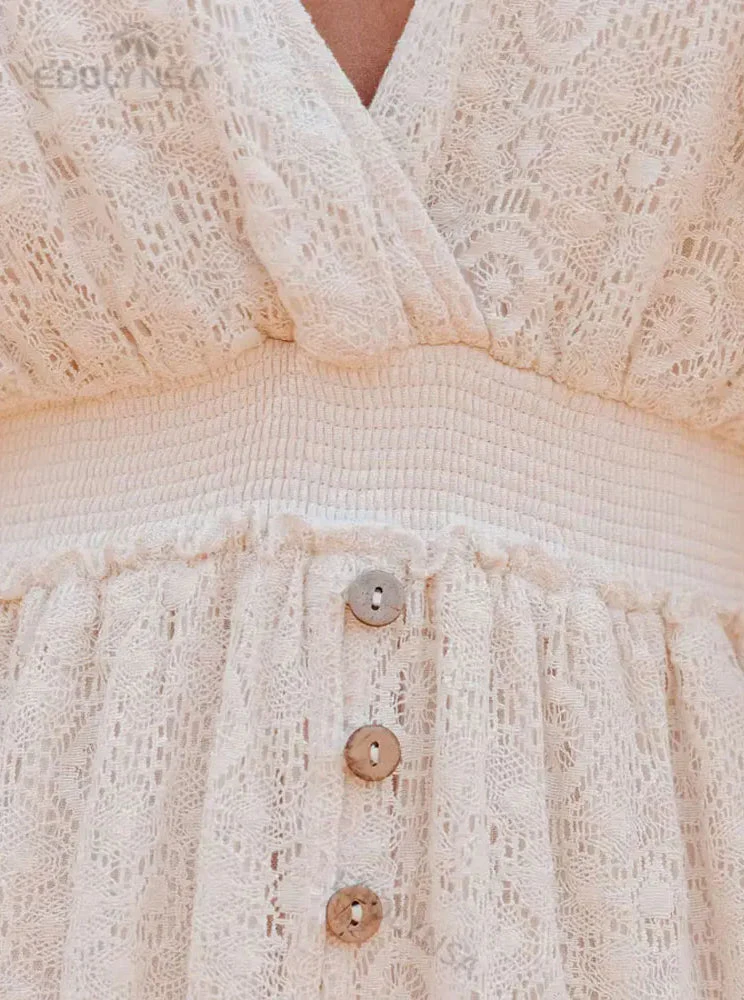 Lace V-Neck Ruffle Mini Boho Dress - Image 26