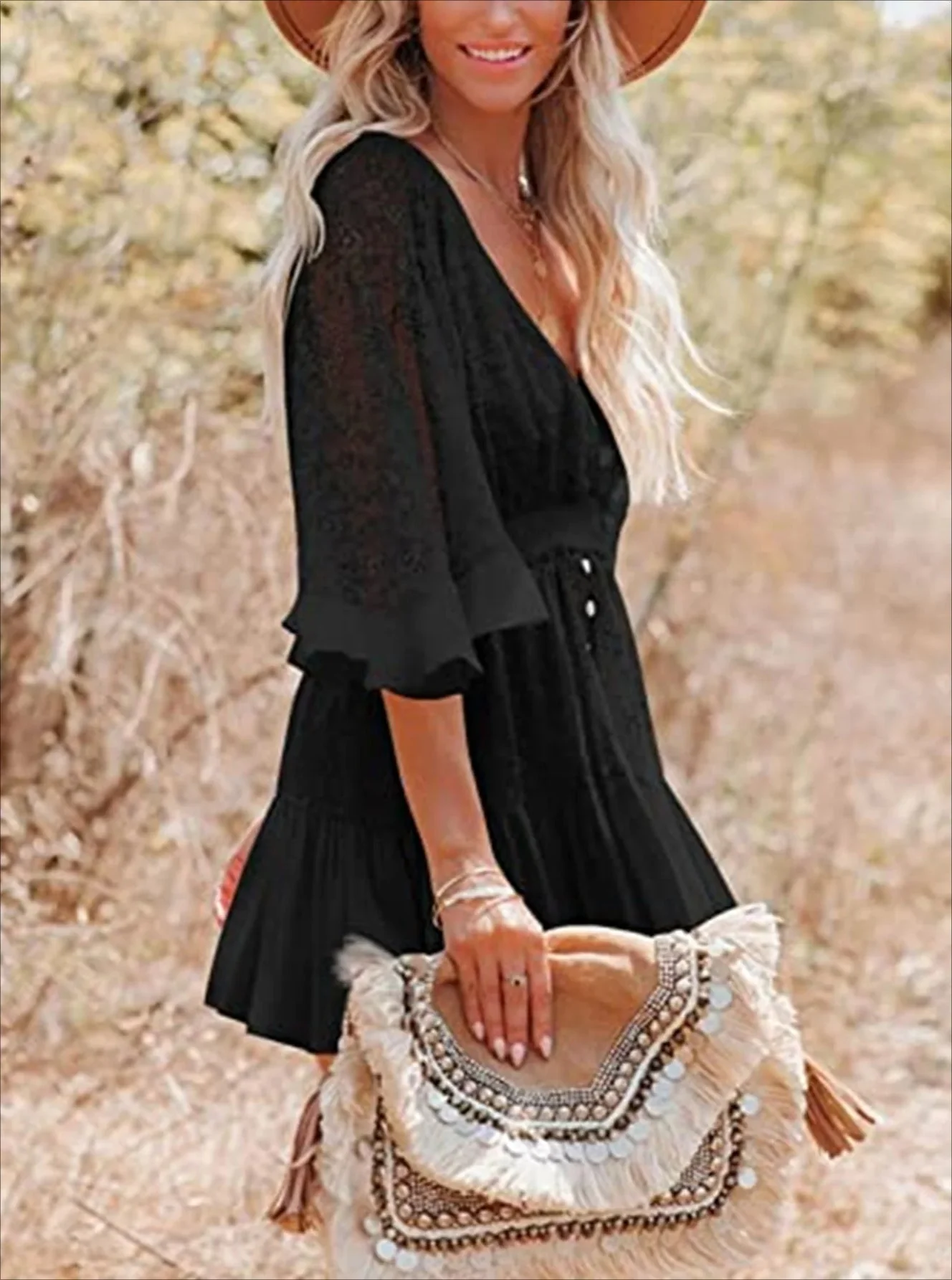 Lace V-Neck Ruffle Mini Boho Dress - Image 28