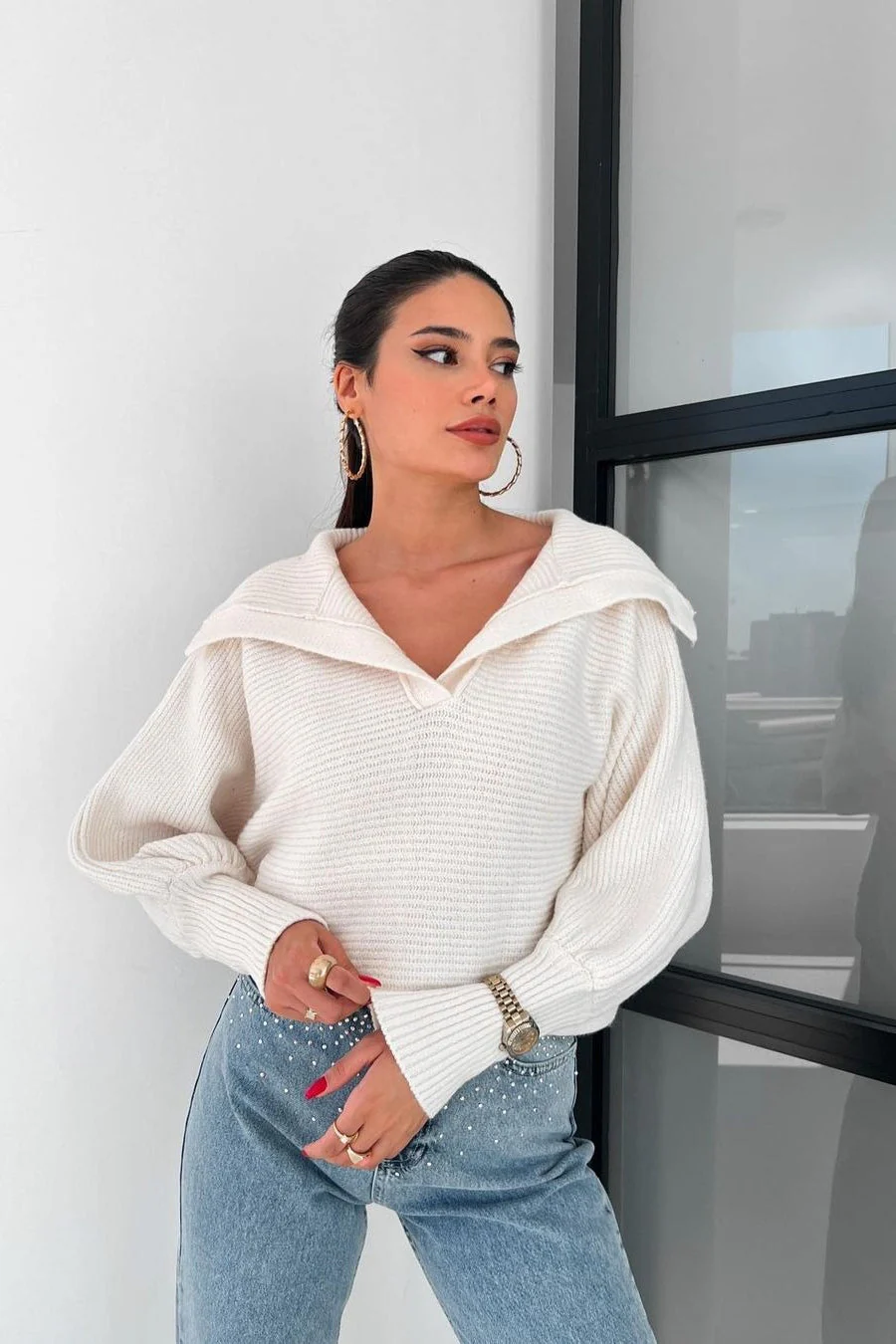 Lantern Sleeve Open Collar Knit Sweater - Image 13