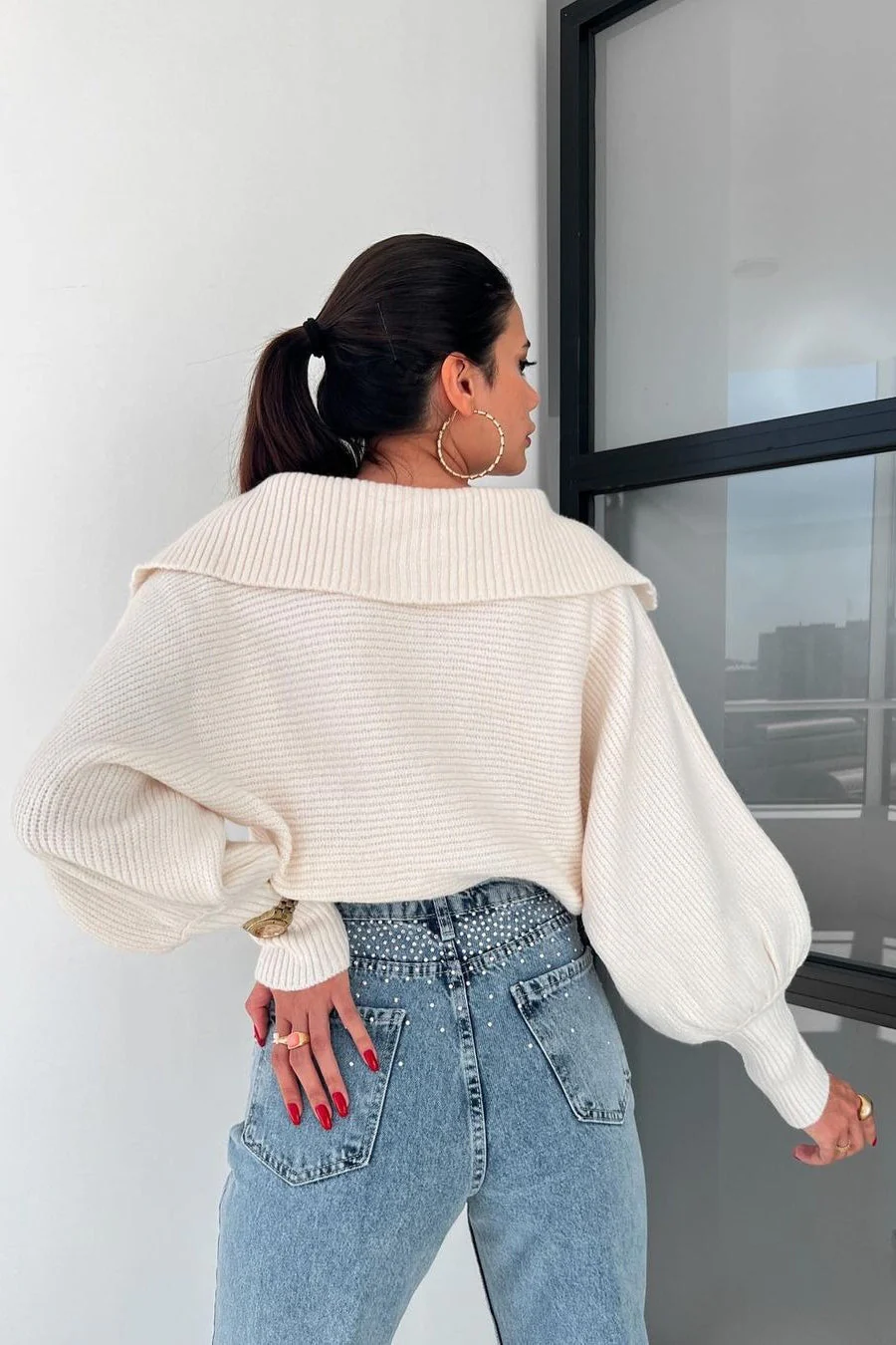 Lantern Sleeve Open Collar Knit Sweater - Image 18