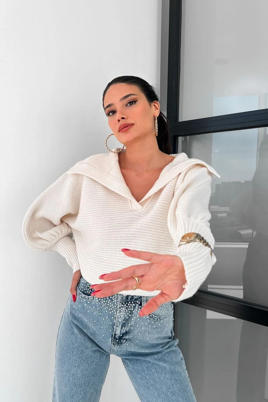 Lantern Sleeve Open Collar Knit Sweater - Image 20