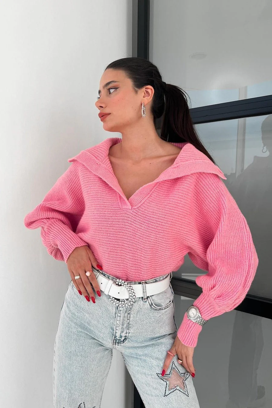 Lantern Sleeve Open Collar Knit Sweater - Image 22