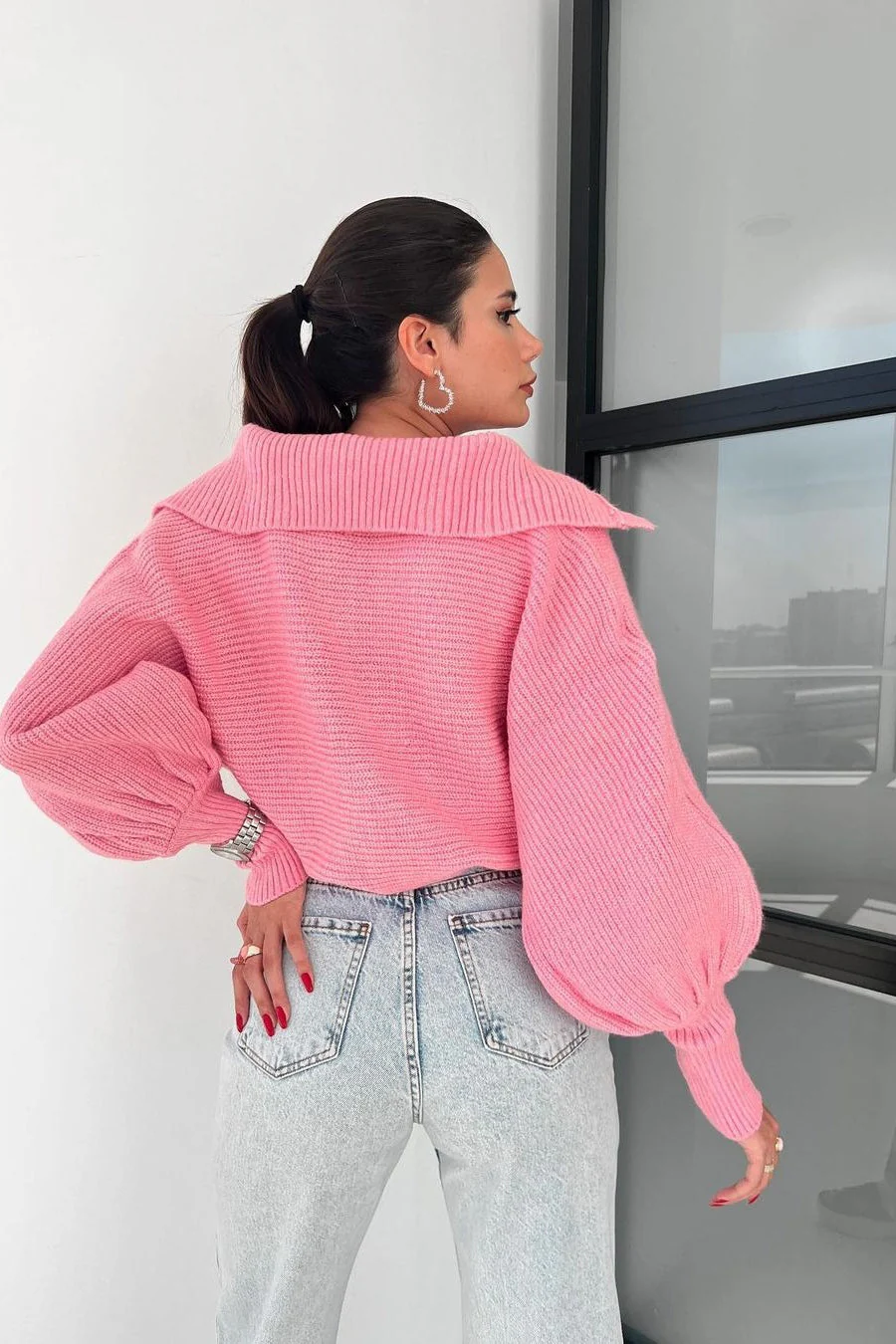Lantern Sleeve Open Collar Knit Sweater - Image 23
