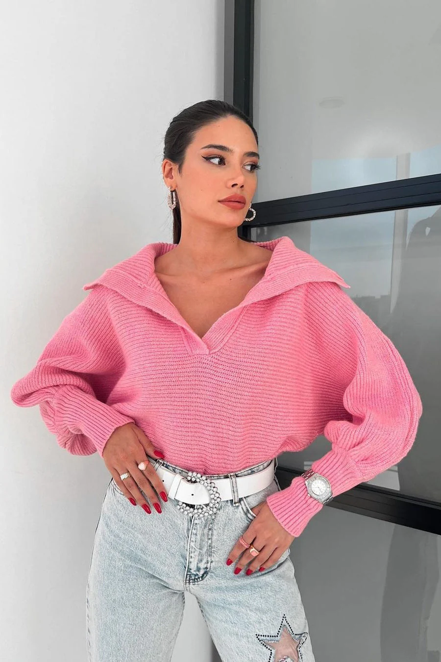 Lantern Sleeve Open Collar Knit Sweater - Image 24