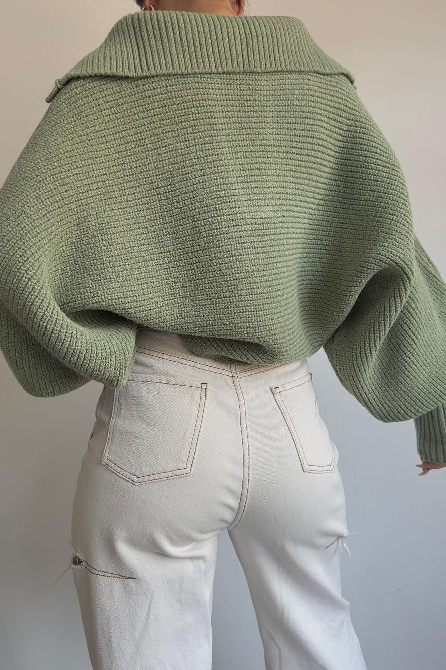 Lantern Sleeve Open Collar Knit Sweater - Image 25