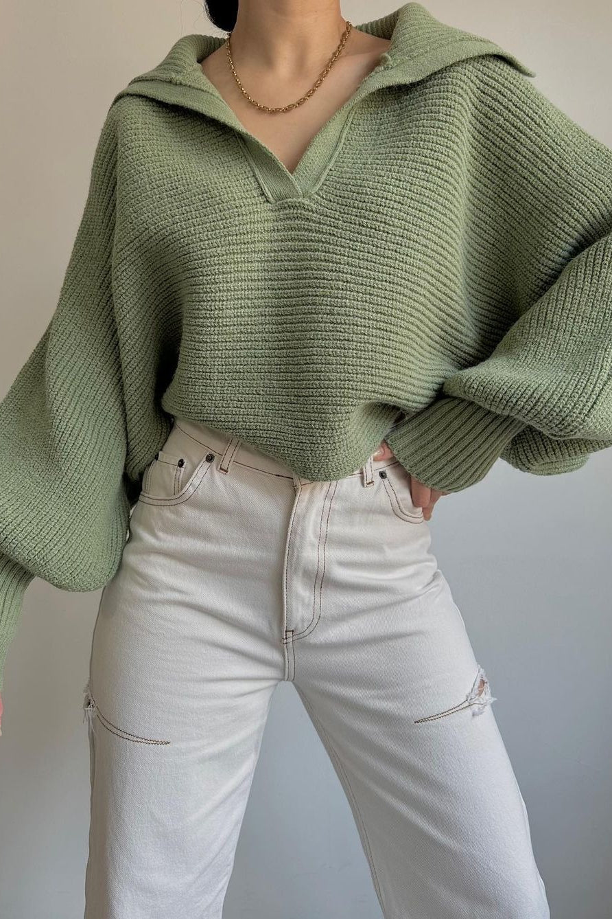 Lantern Sleeve Open Collar Knit Sweater - Image 27
