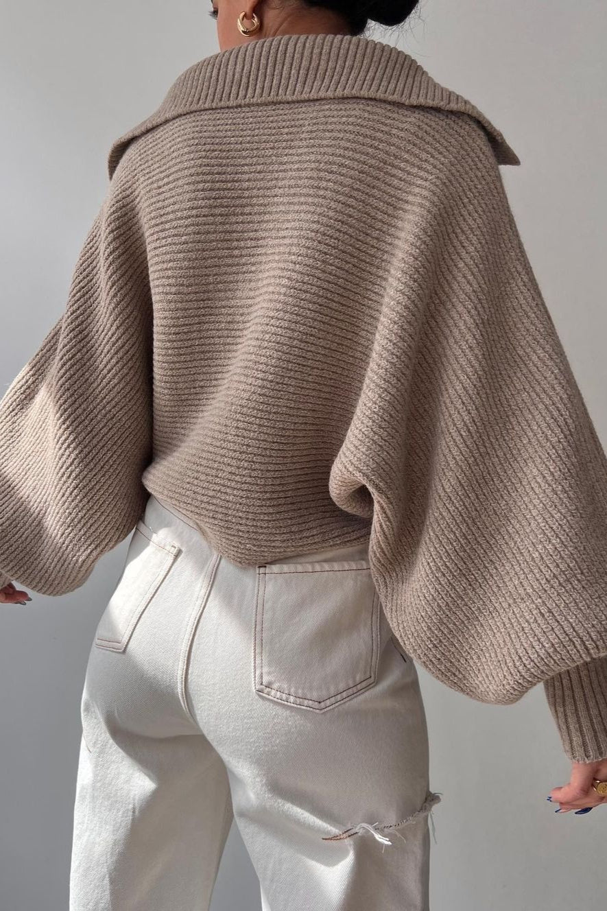 Lantern Sleeve Open Collar Knit Sweater - Image 28