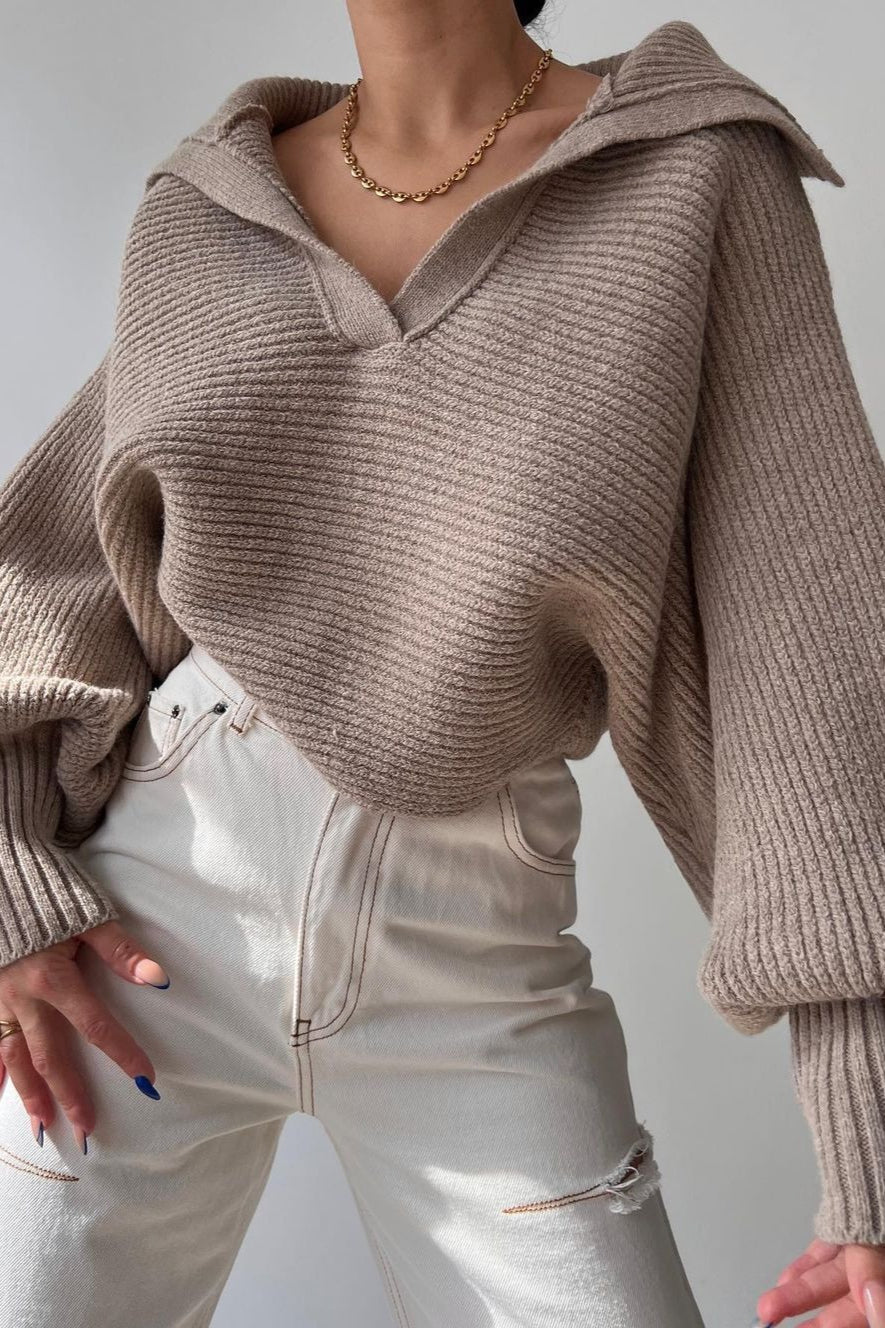 Lantern Sleeve Open Collar Knit Sweater - Image 30