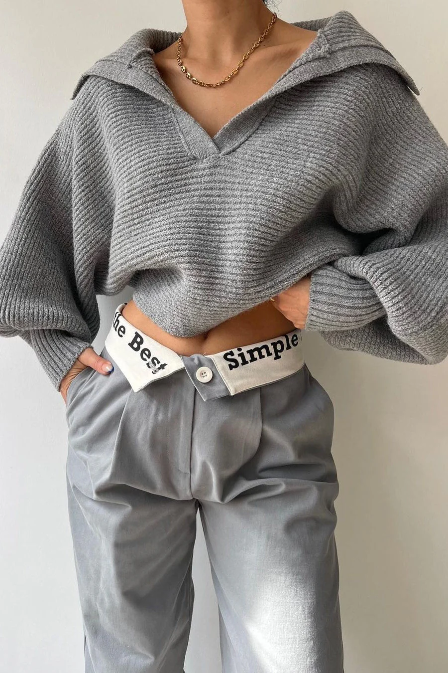 Lantern Sleeve Open Collar Knit Sweater - Image 31