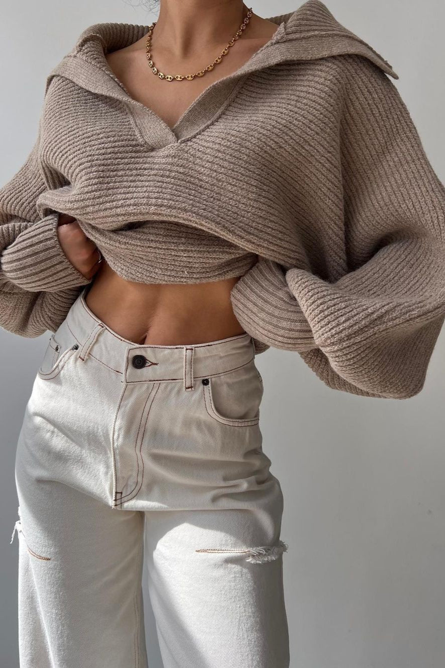Lantern Sleeve Open Collar Knit Sweater - Image 5