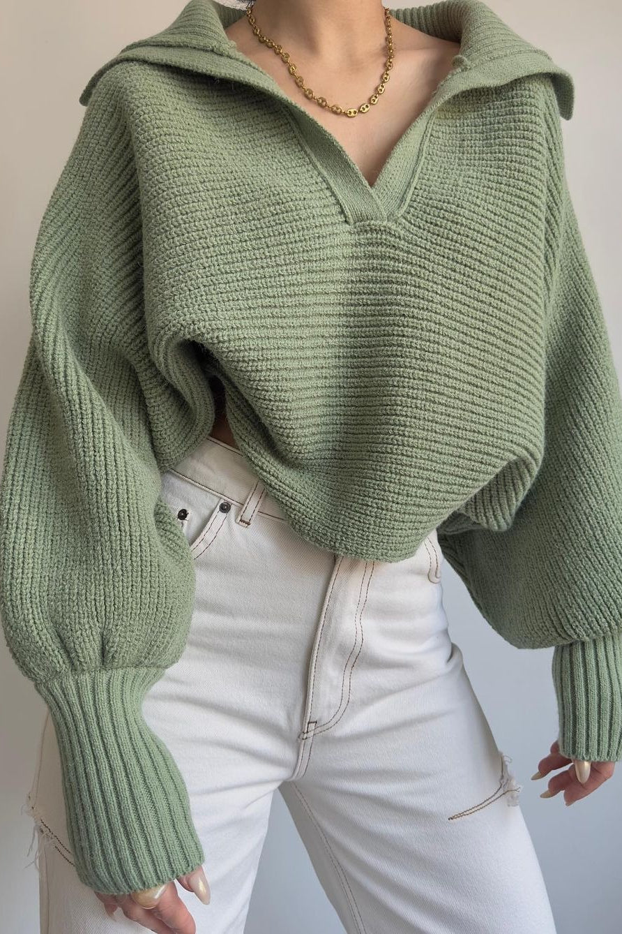 Lantern Sleeve Open Collar Knit Sweater - Image 8