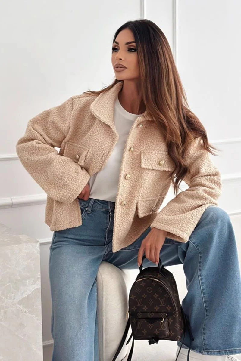 Lapel Button Sherpa Long Sleeve Coat - Image 4
