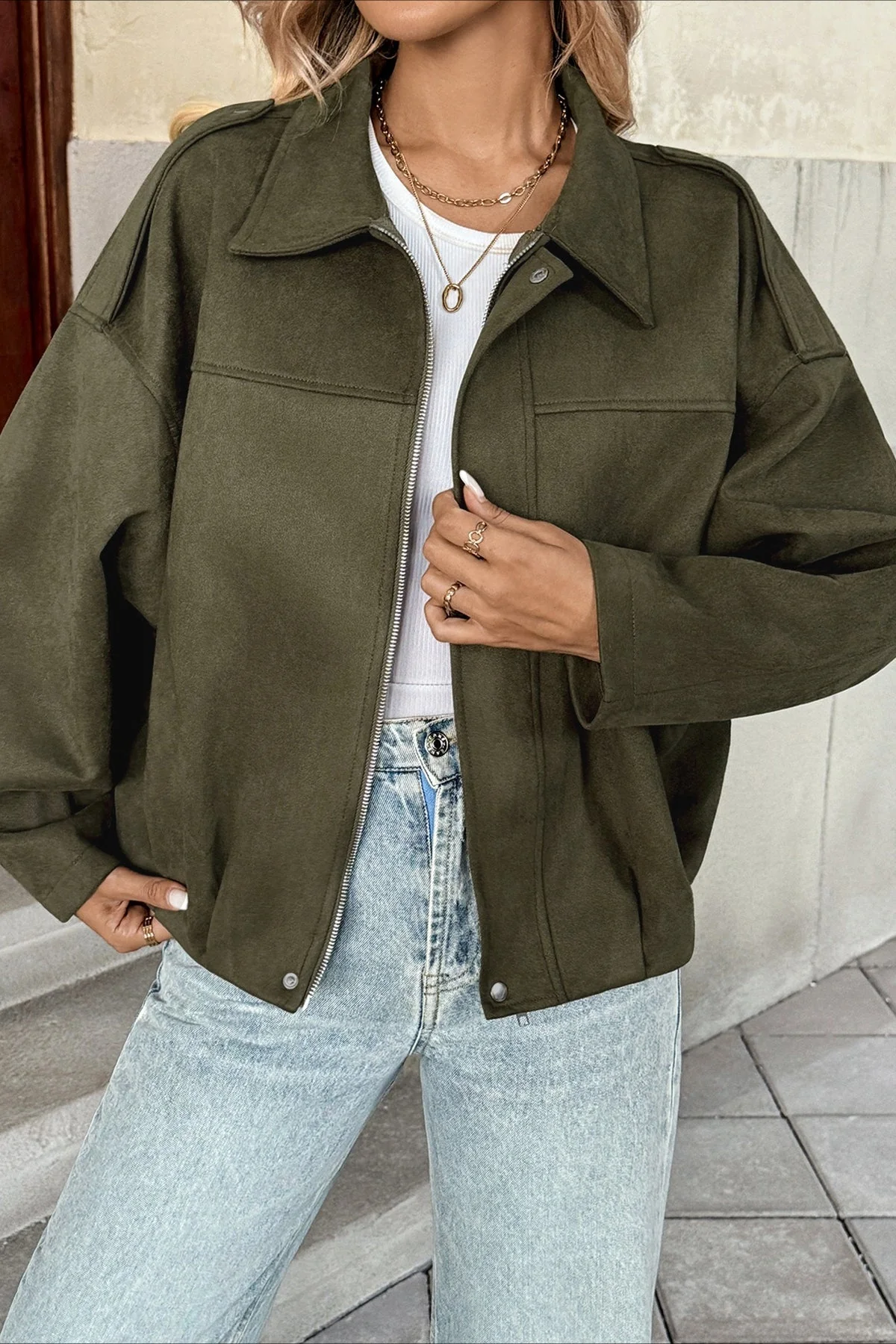 Lapel Collar Suede-Look Bomber Jacket - Image 2