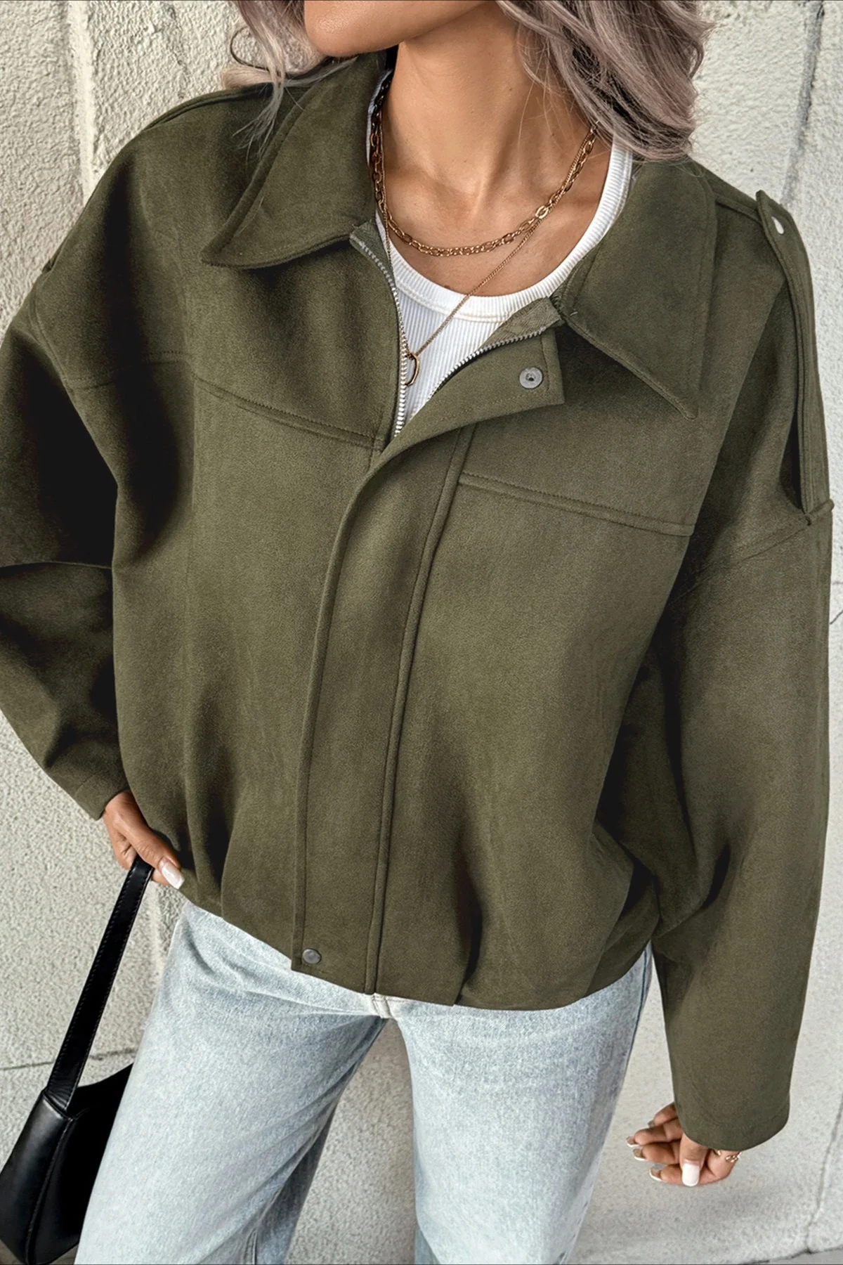 Lapel Collar Suede-Look Bomber Jacket - Image 4