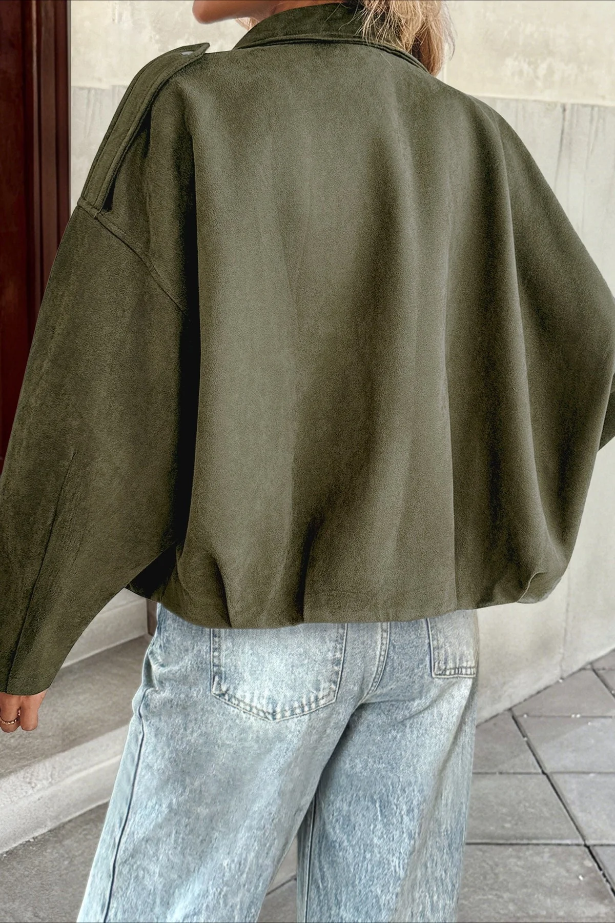 Lapel Collar Suede-Look Bomber Jacket - Image 5