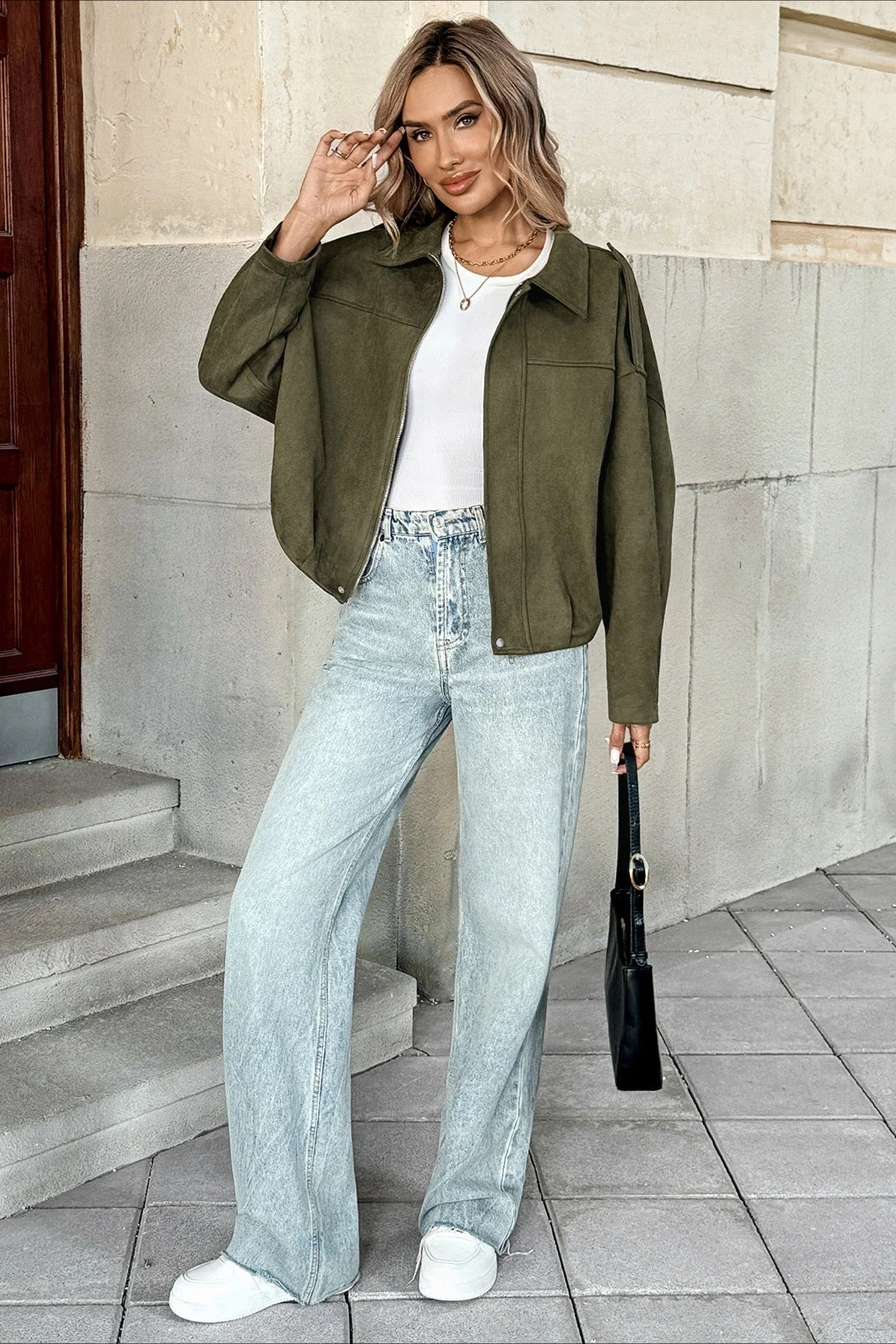 Lapel Collar Suede-Look Bomber Jacket - Image 6