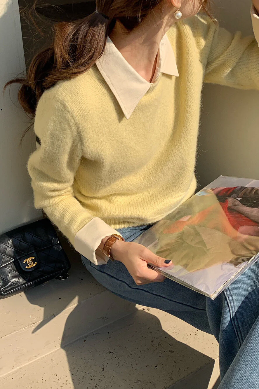 Layered Look Collared Knit Sweater - Image 11