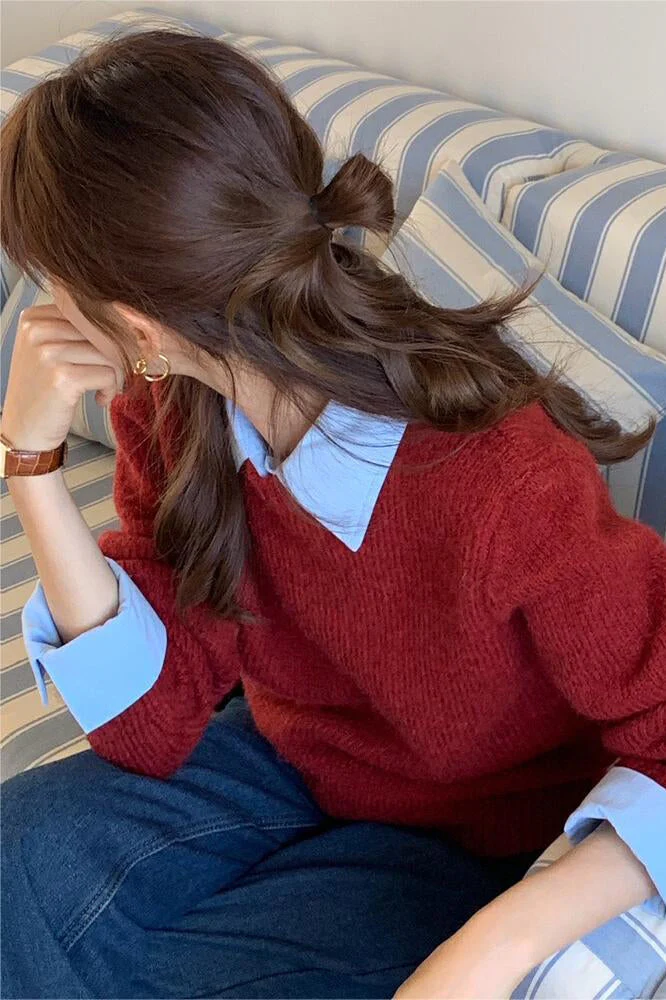 Layered Look Collared Knit Sweater - Image 15