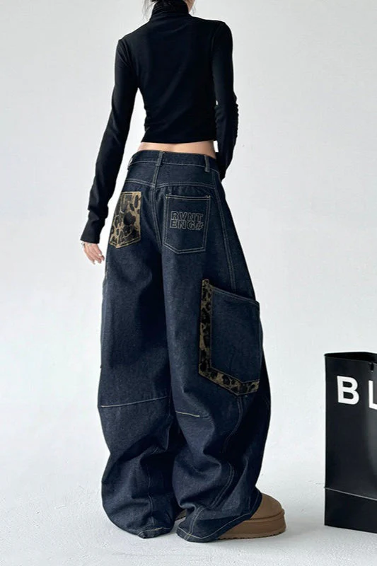 Leopard Spliced Vintage Wide Leg Jeans - Image 4