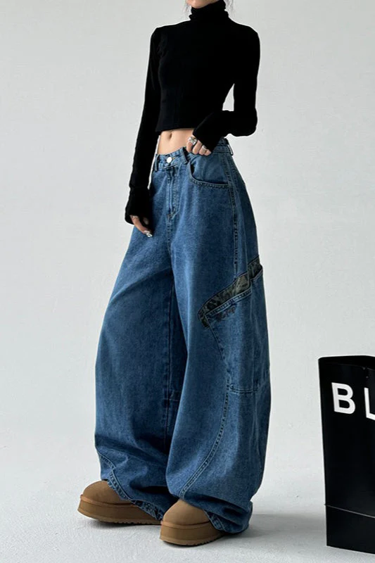 Leopard Spliced Vintage Wide Leg Jeans - Image 5