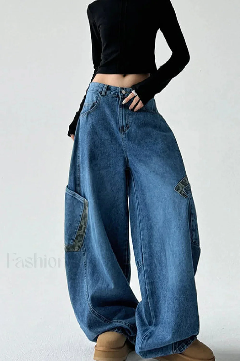 Leopard Spliced Vintage Wide Leg Jeans - Image 7