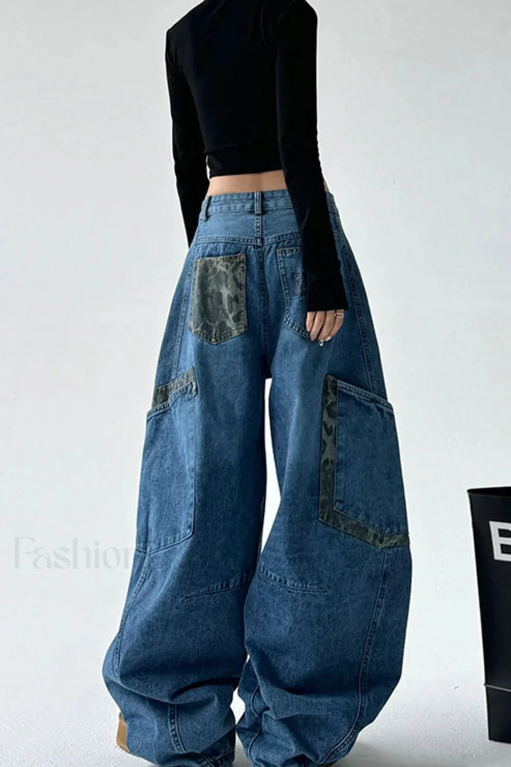 Leopard Spliced Vintage Wide Leg Jeans - Image 9