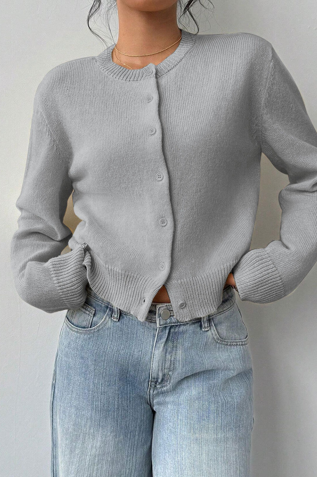 Lightweight Round Neck Button Cardigan - Image 12