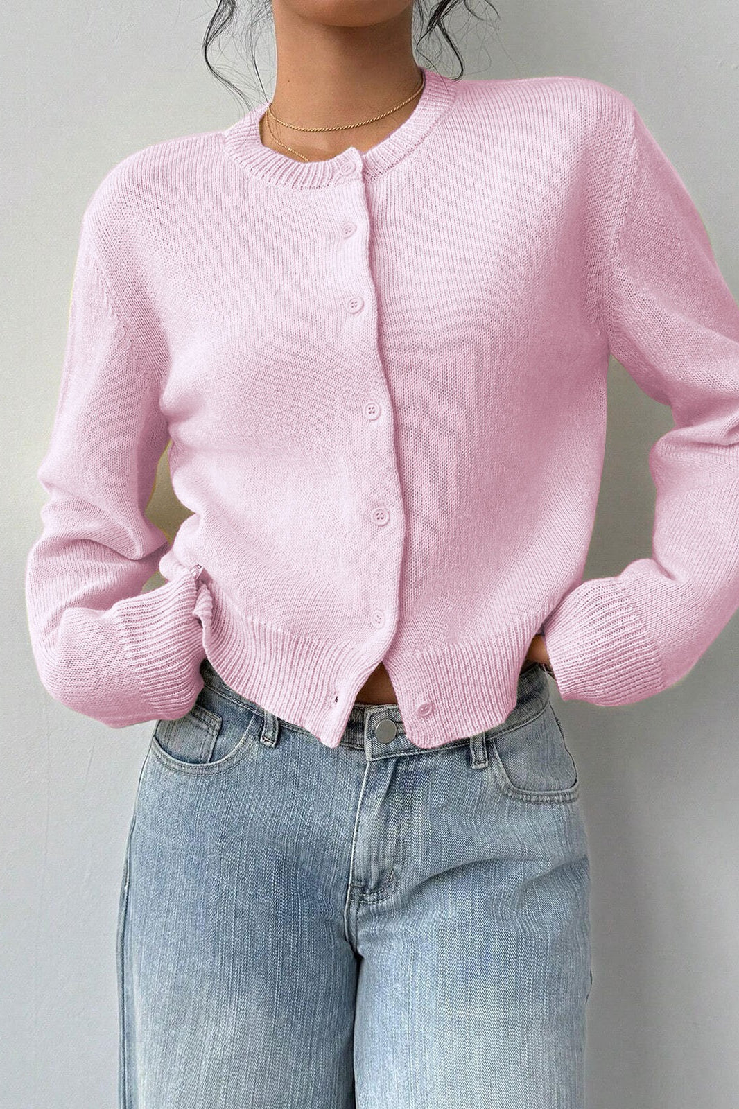 Lightweight Round Neck Button Cardigan - Image 5