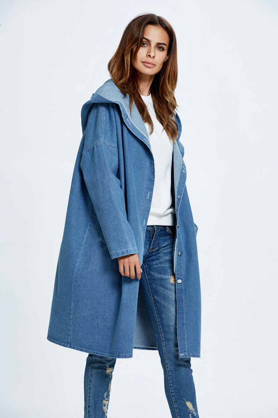 Long Hooded Denim Coat - Image 10