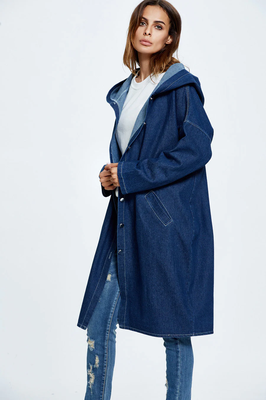 Long Hooded Denim Coat - Image 4