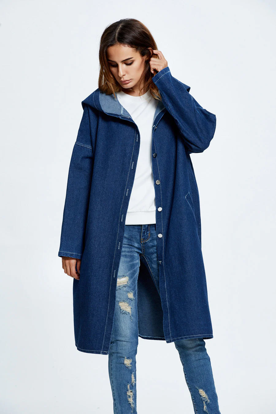 Long Hooded Denim Coat - Image 5