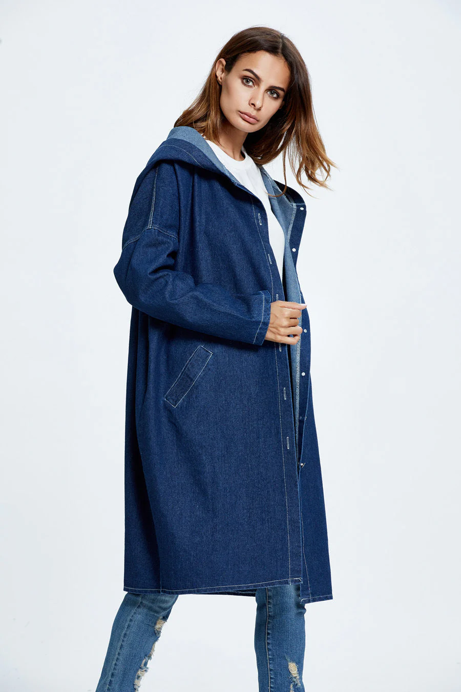Long Hooded Denim Coat - Image 6