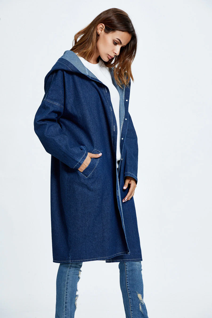 Long Hooded Denim Coat - Image 7