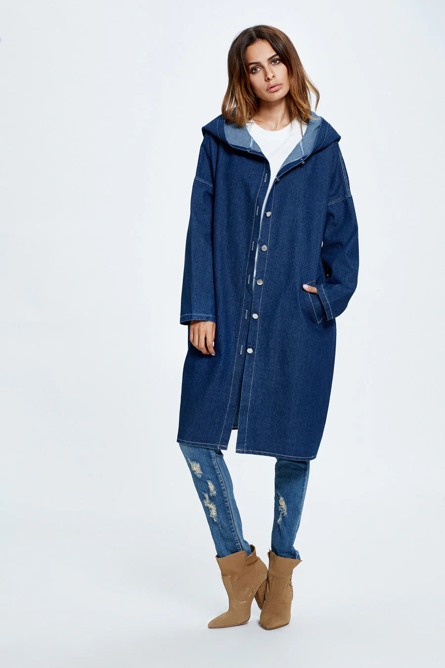 Long Hooded Denim Coat - Image 8