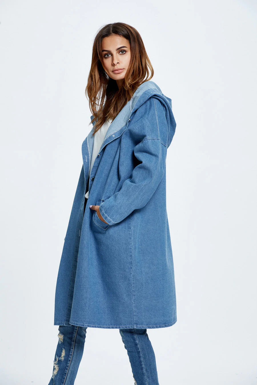 Long Hooded Denim Coat - Image 9