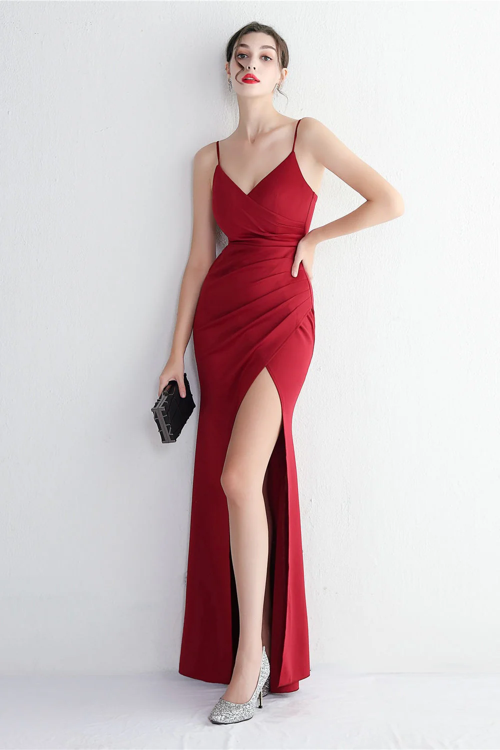 Long Satin Slit Halter Sheath Formal Dress - Image 23