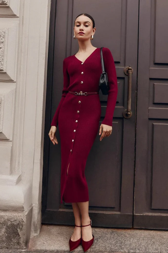 Long Sleeve Button Sweater Dress - Image 2