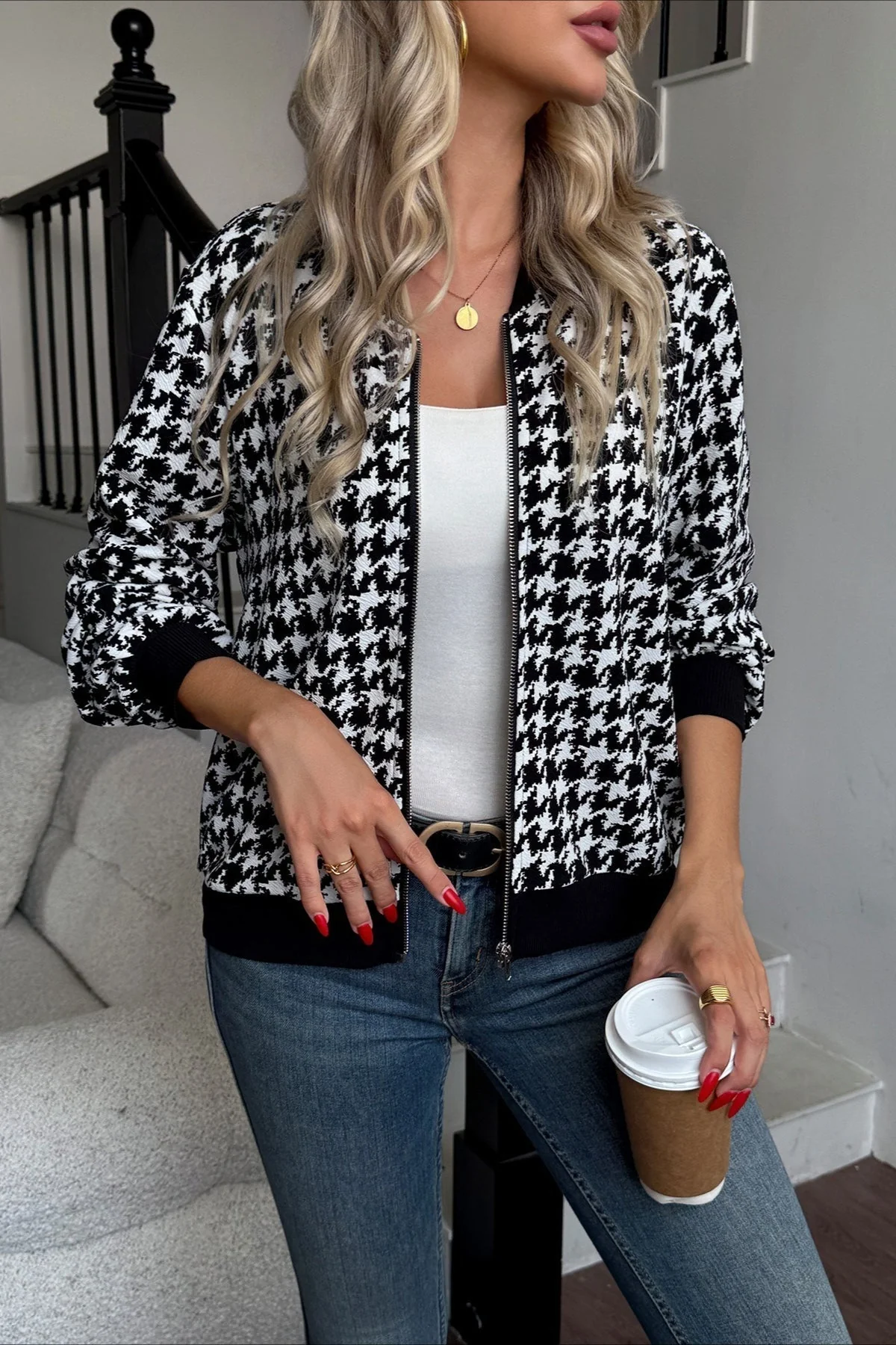 Long Sleeve Houndstooth Fitted Jacket - Image 4