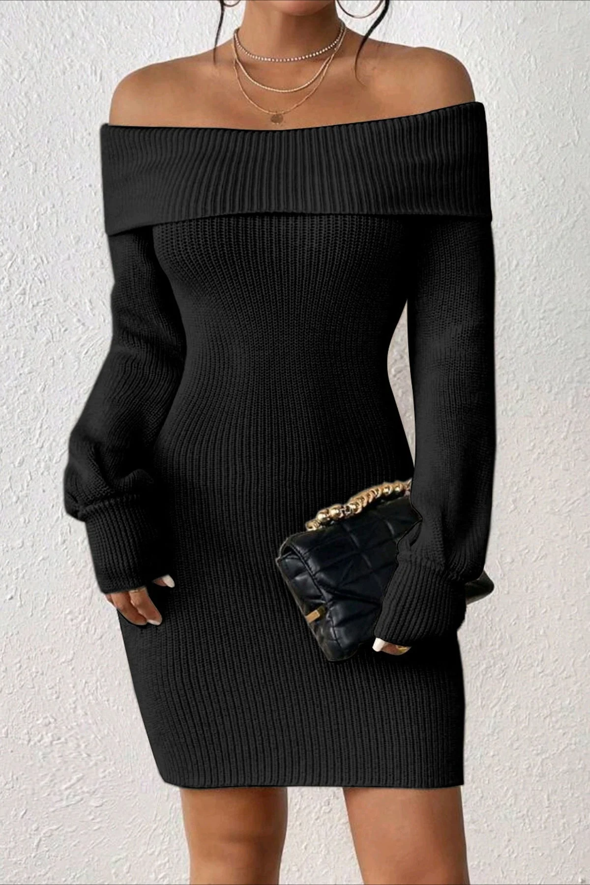 Long Sleeve Off Shoulder Slim Fit Knit Sweater Dress - Image 3