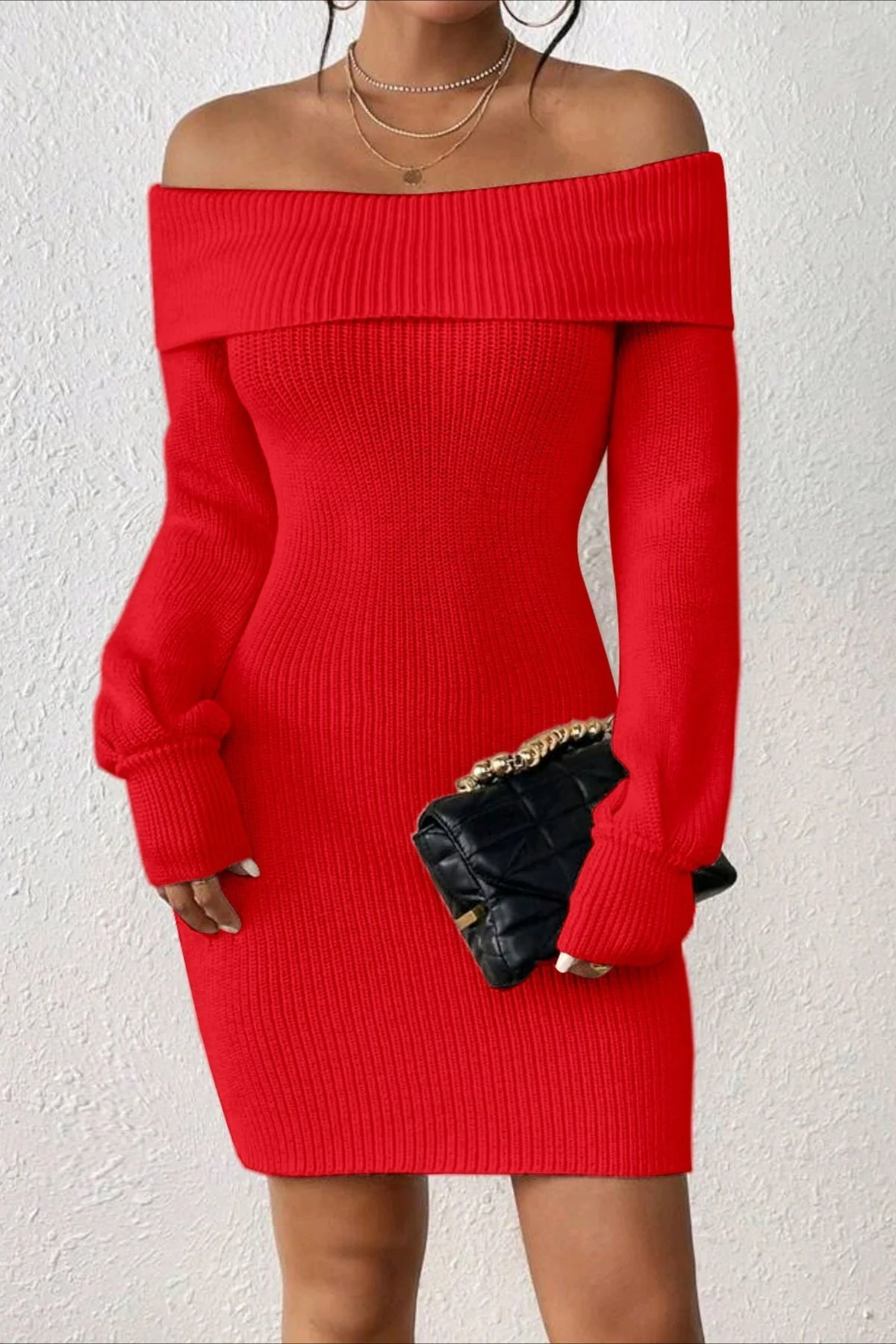 Long Sleeve Off Shoulder Slim Fit Knit Sweater Dress - Image 5