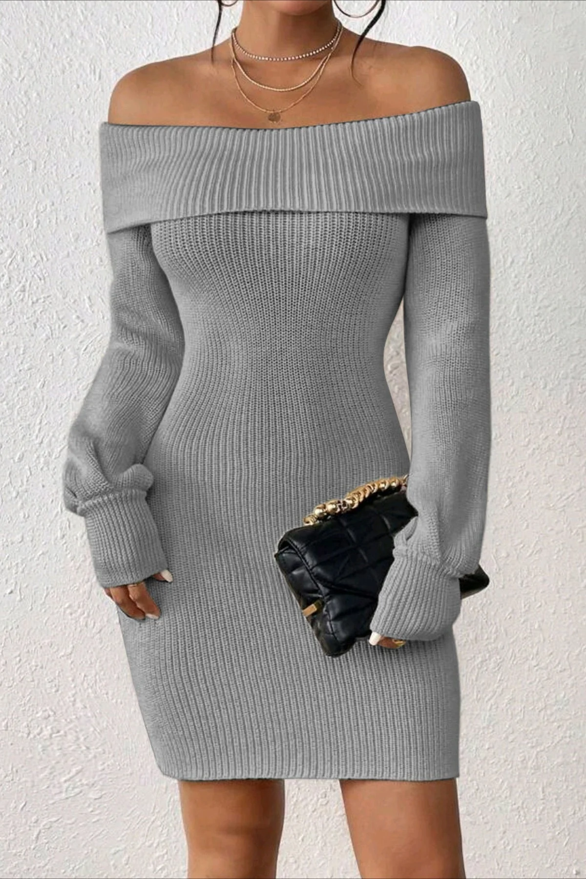 Long Sleeve Off Shoulder Slim Fit Knit Sweater Dress - Image 7