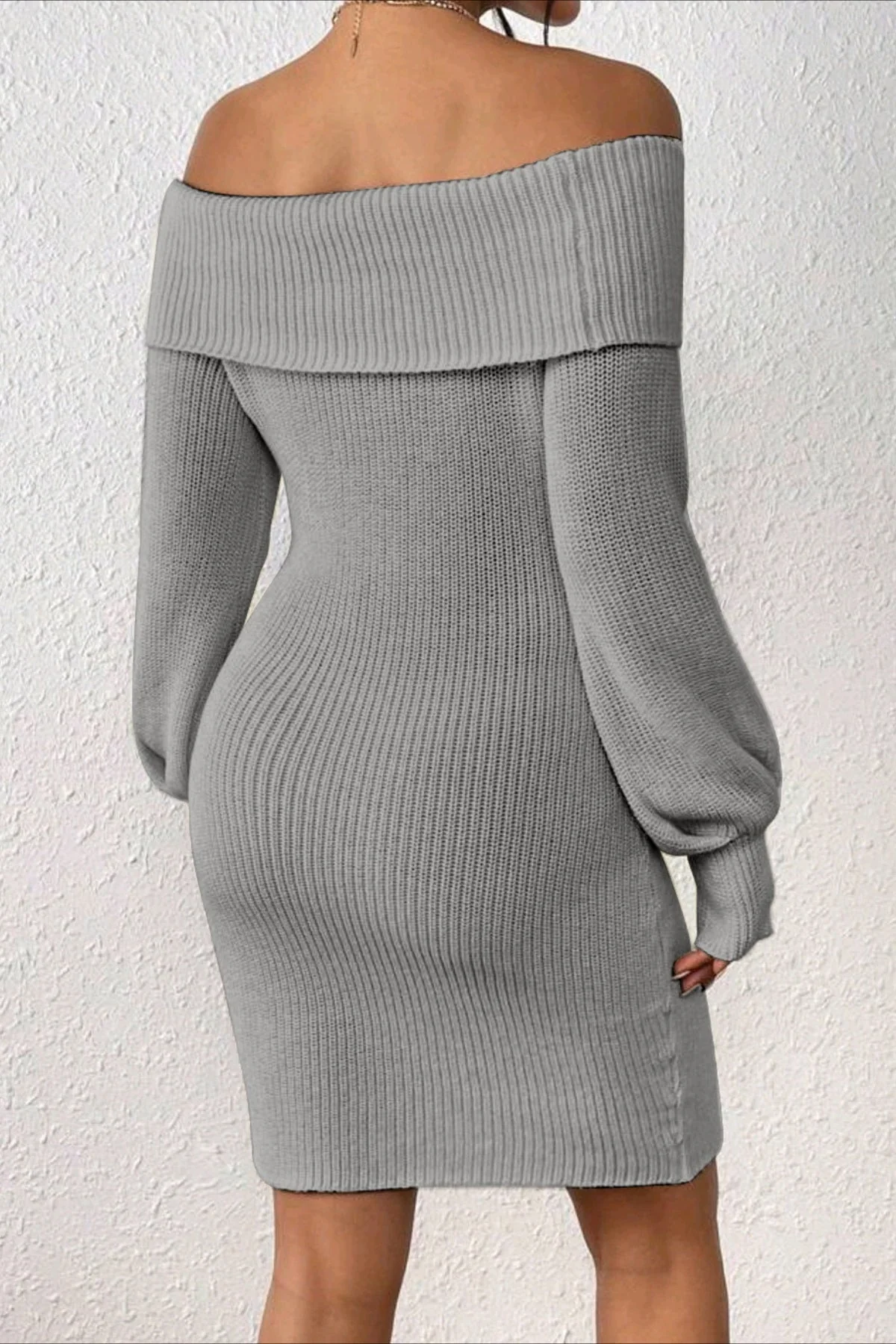 Long Sleeve Off Shoulder Slim Fit Knit Sweater Dress - Image 8