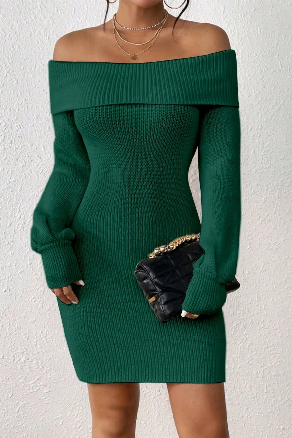Long Sleeve Off Shoulder Slim Fit Knit Sweater Dress - Image 9