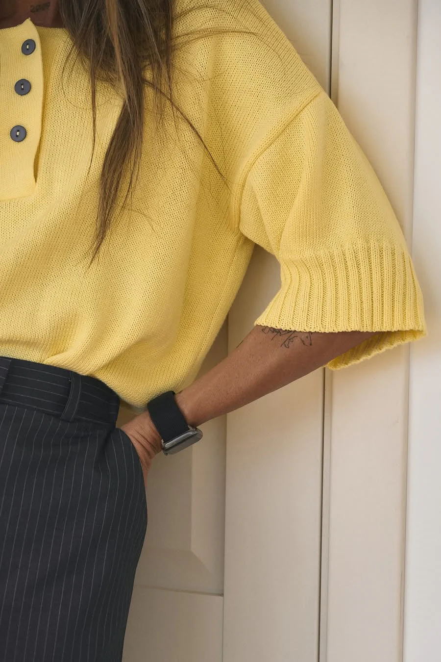 Loose Fit Buttoned Knit Polo Sweater - Image 11