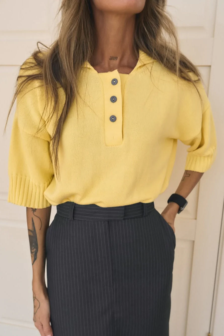 Loose Fit Buttoned Knit Polo Sweater - Image 2